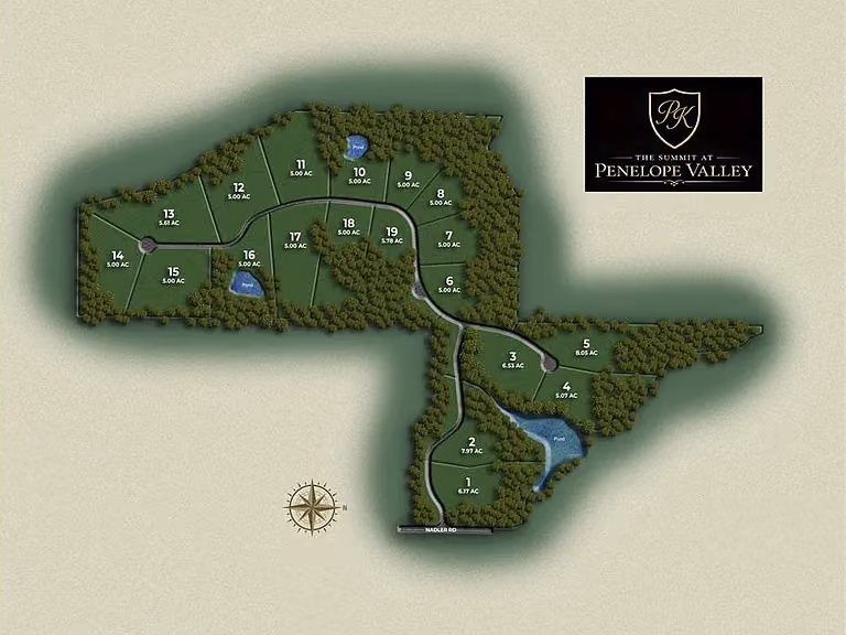 Site plan of The Summit at Penelope Valley showing all 19 numbered homesites, ponds and the tree line